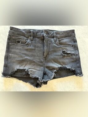 American Eagle Black Denim Shorts Size 8 Distressed Raw Hem Stretch Lace Pocket